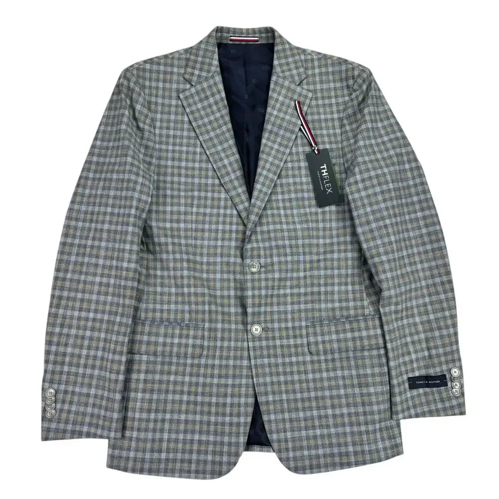 Tommy Hilfiger Mens TH Flex Conrad Modern Fit Plaid Sport Coat Blue Tan 38R